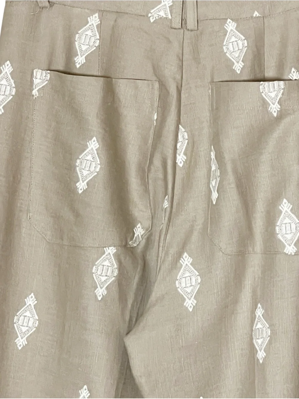Zara tan linen embroidered wide leg trouser pants size S